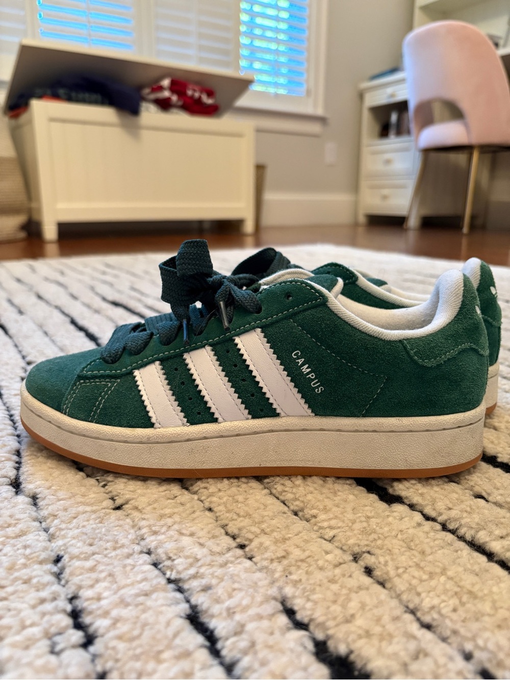 adidas Kids Campus Suede Sneakers in Green with White Stripes